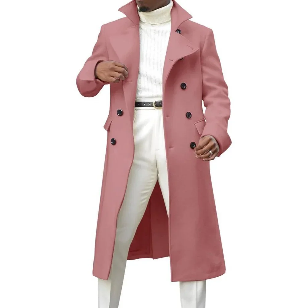 Men's Pink Notch Lapel Double Breasted Long Trench Coat Cotton Blend Pea Coat
